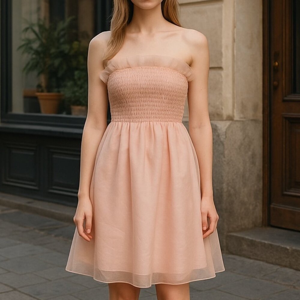 Dondolo Strapless Dress Women Small Pink Smocked Ruffle Mini Cottagecore